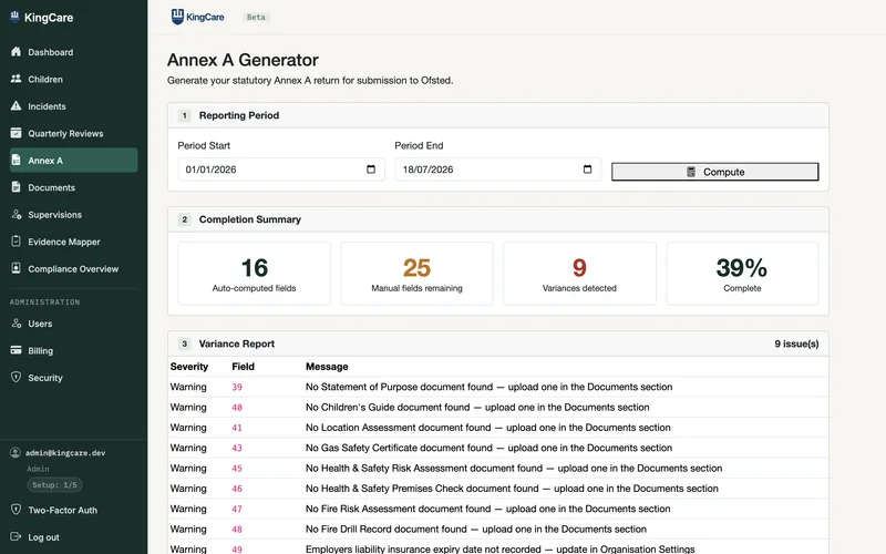 KingCare Annex A dashboard showing computed fields, manual inputs and variances in demonstration data