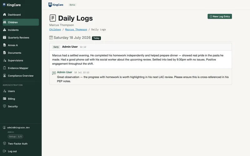 KingCare daily log with a care record, author, timestamp and manager comment using demonstration data